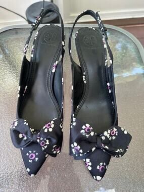 Tory Burch Rosalind Satin Slingback Pumps Floral Size 8.5 M EUC